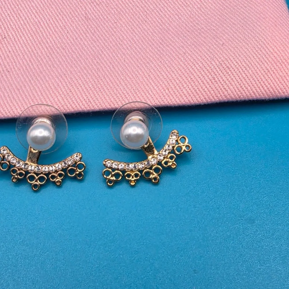 Kate Spade Faux Pearl Crystal Pave Ear Jacket Earrings Gold Tone